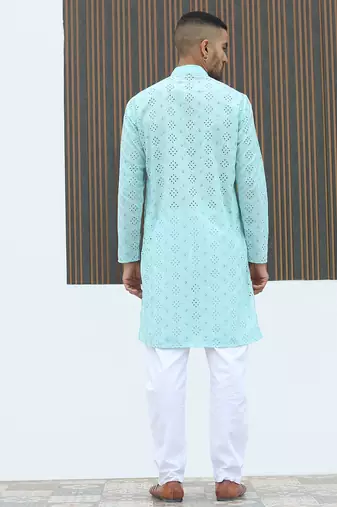 Cotton blend chikankari embroidered sky blue kurta with elasticated pyjamas
