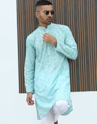 Cotton blend chikankari embroidered sky blue kurta with elasticated pyjamas 4
