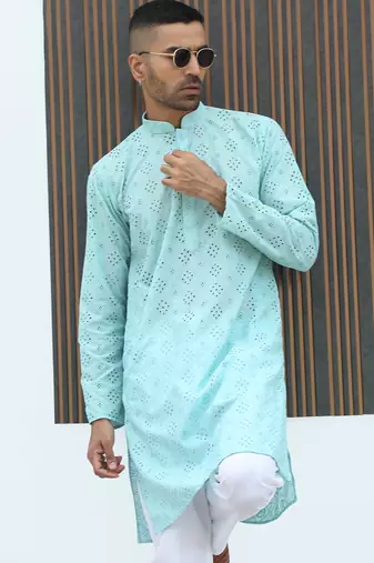 Cotton blend chikankari embroidered sky blue kurta with elasticated pyjamas