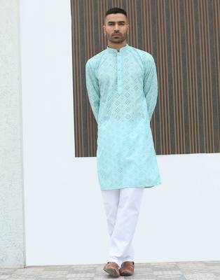 Cotton blend chikankari embroidered sky blue kurta with elasticated pyjamas 5