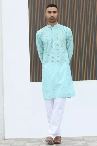 Cotton blend chikankari embroidered sky blue kurta with elasticated pyjamas