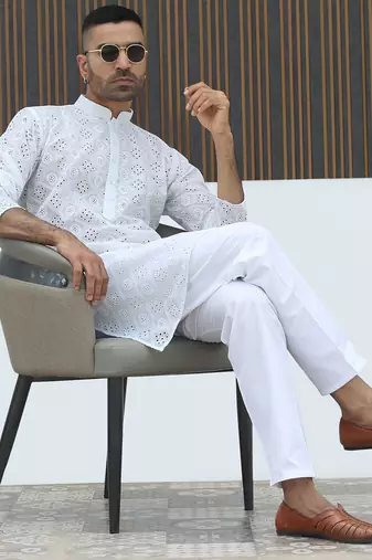 Cotton blend chikankari embroidered white kurta with elasticated pyjamas