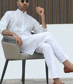 Cotton blend chikankari embroidered white kurta with elasticated pyjamas
