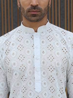 Cotton blend chikankari embroidered white kurta with elasticated pyjamas 2