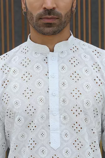 Cotton blend chikankari embroidered white kurta with elasticated pyjamas