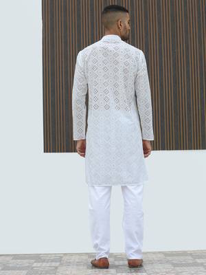 Cotton blend chikankari embroidered white kurta with elasticated pyjamas 3