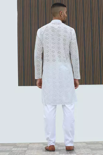 Cotton blend chikankari embroidered white kurta with elasticated pyjamas