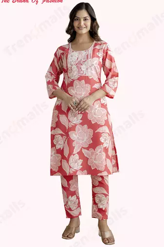 Trendmalls Cotton slub magic printed kurta pant embroidery neck work kurta set