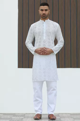 Cotton blend chikankari embroidered white kurta with elasticated pyjamas