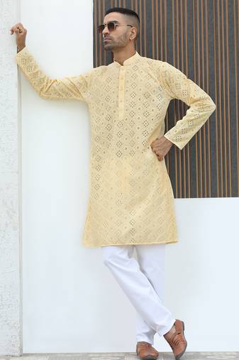 Cotton blend chikankari embroidered yellow kurta with elasticated pyjamas