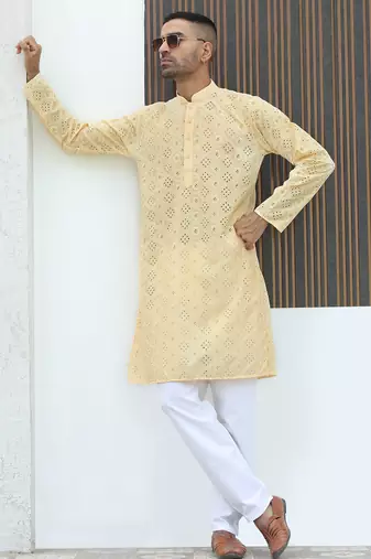 Cotton blend chikankari embroidered yellow kurta with elasticated pyjamas
