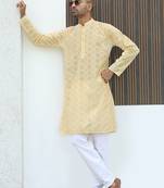 Cotton blend chikankari embroidered yellow kurta with elasticated pyjamas