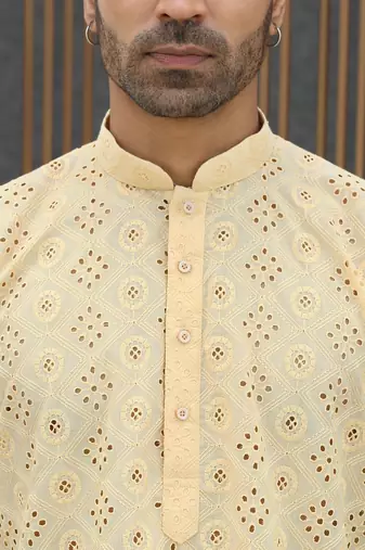 Cotton blend chikankari embroidered yellow kurta with elasticated pyjamas