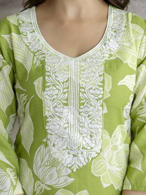 Cotton slub magic printed kurta pant embroidery neck work kurta set 4