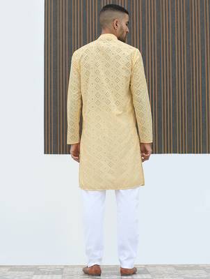 Cotton blend chikankari embroidered yellow kurta with elasticated pyjamas 3
