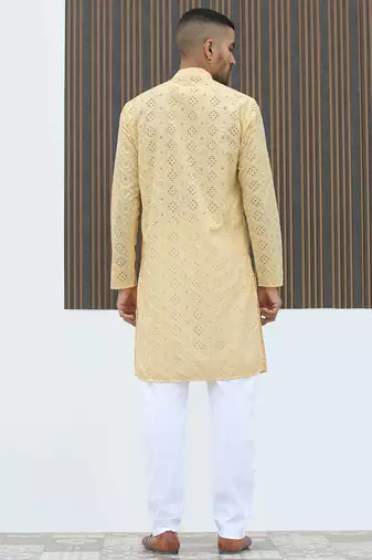 Cotton blend chikankari embroidered yellow kurta with elasticated pyjamas