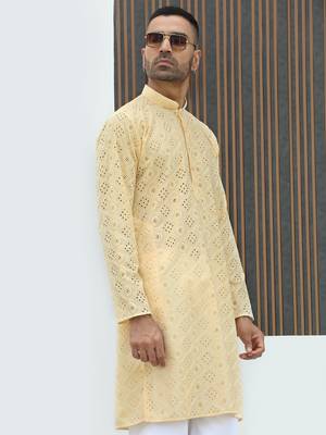 Cotton blend chikankari embroidered yellow kurta with elasticated pyjamas 4