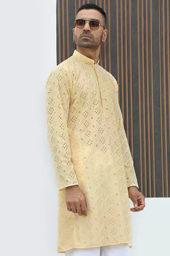 Cotton blend chikankari embroidered yellow kurta with elasticated pyjamas