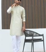 Silk blend embroidered sequinned cream kurta with elasticated pyjamas