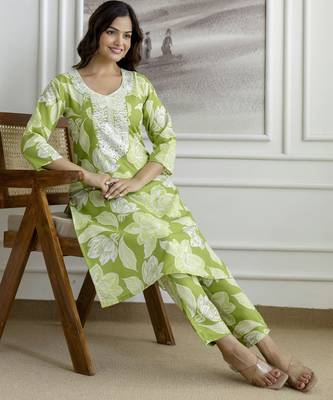 Cotton slub magic printed kurta pant embroidery neck work kurta set 5