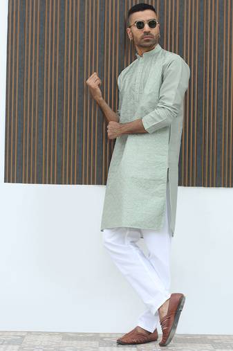 Silk blend embroidered sequinned green kurta with elasticated pyjamas