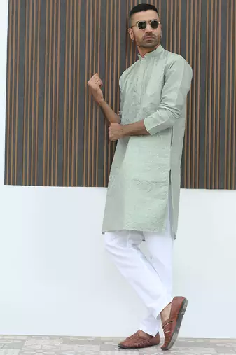 Silk blend embroidered sequinned green kurta with elasticated pyjamas