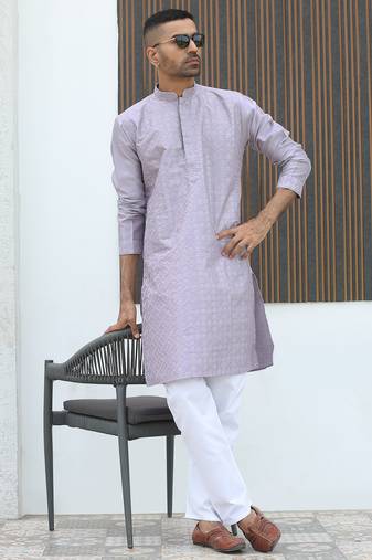 Silk blend embroidered sequinned mauve kurta with elasticated pyjamas