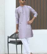 Silk blend embroidered sequinned mauve kurta with elasticated pyjamas