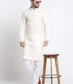 Cotton blend solid cream kurta with white pyjamas