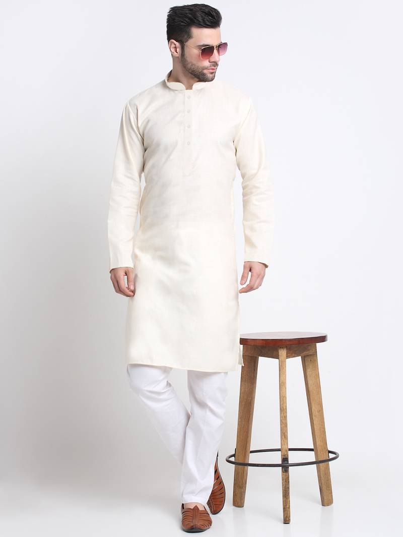 Cotton blend solid cream kurta with white pyjamas