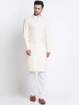 Cotton blend solid cream kurta with white pyjamas 4
