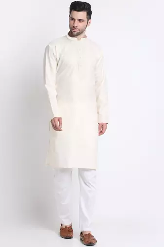 Cotton blend solid cream kurta with white pyjamas
