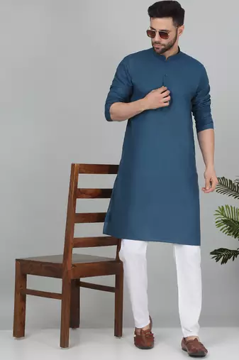 Cotton blend solid blue kurta with white pyjamas