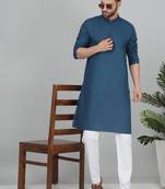 Cotton blend solid blue kurta with white pyjamas