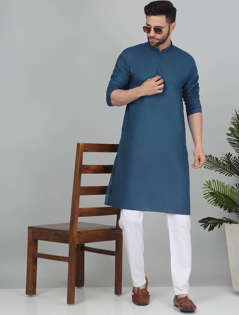 Cotton blend solid blue kurta with white pyjamas