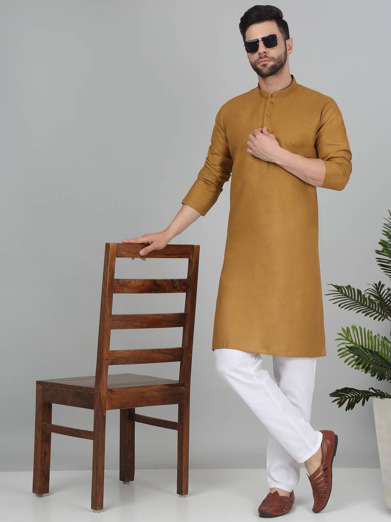 Cotton blend solid mustard kurta with white pyjamas