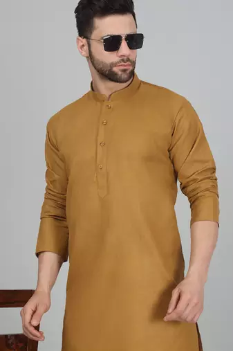 Cotton blend solid mustard kurta with white pyjamas