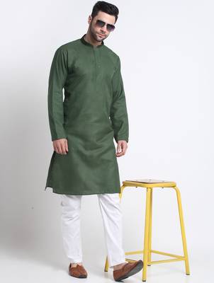 Cotton blend solid green kurta with white pyjamas 1