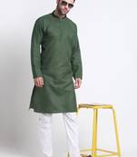 Cotton blend solid green kurta with white pyjamas