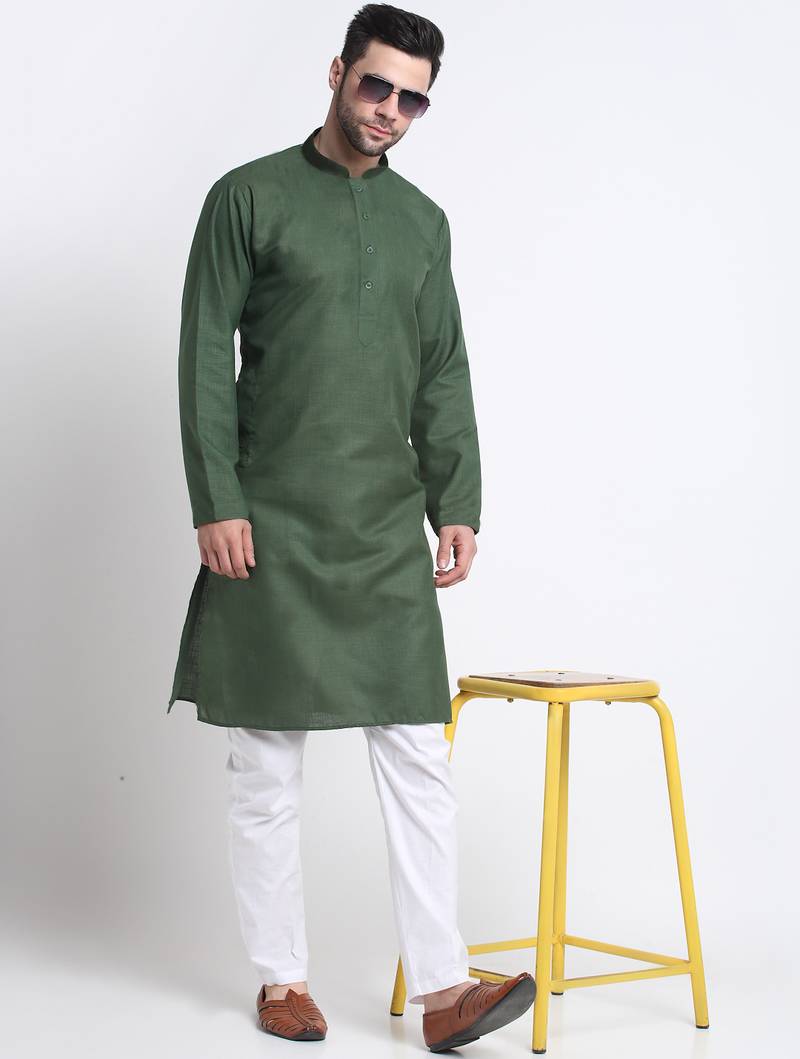 Cotton blend solid green kurta with white pyjamas