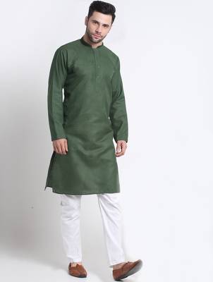 Cotton blend solid green kurta with white pyjamas 5