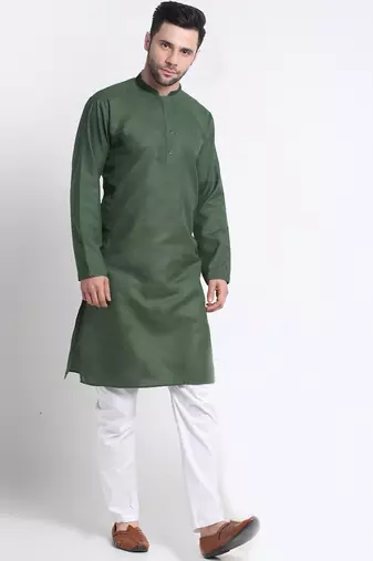 Cotton blend solid green kurta with white pyjamas
