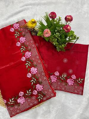 Red Thread Embroidery Work Jimmy Choo Saree 1