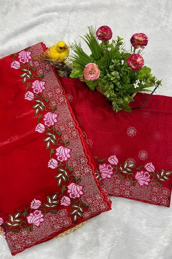 Red Thread Embroidery Work Jimmy Choo Saree