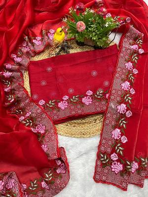 Red Thread Embroidery Work Jimmy Choo Saree 2