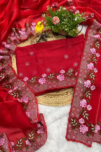 Red Thread Embroidery Work Jimmy Choo Saree