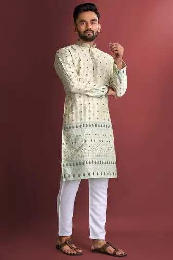 Cream designer daaman men's kurta and Pyjamas for Mens