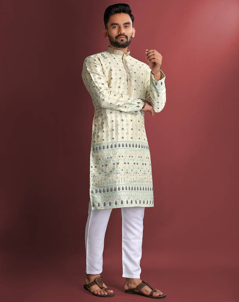 Cream designer daaman men's kurta and Pyjamas for Mens