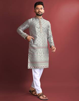 Grey designer daaman men's kurta and Pyjamas for Mens 3