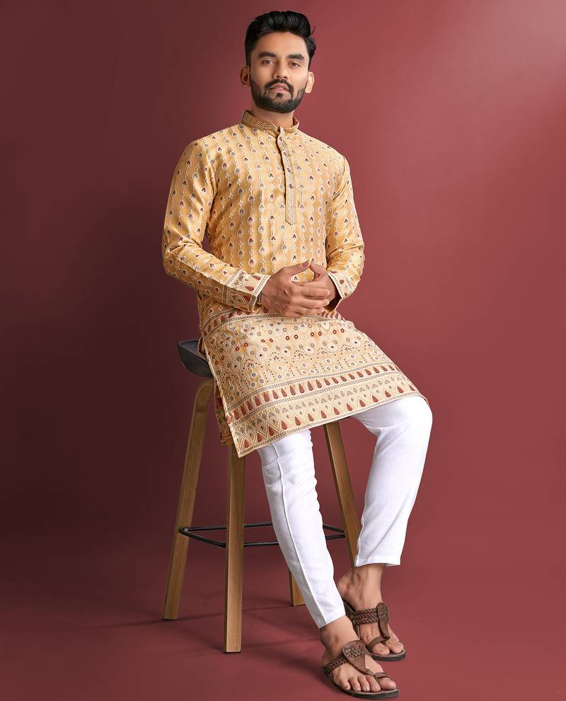 Mustard designer daaman men's kurta and Pyjamas for Mens